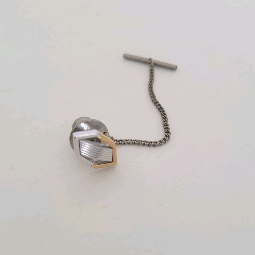 Yves Saint Laurent YSL Tie Necktie Pin Silver Gold Tone Logo‎ Geometric Vintage